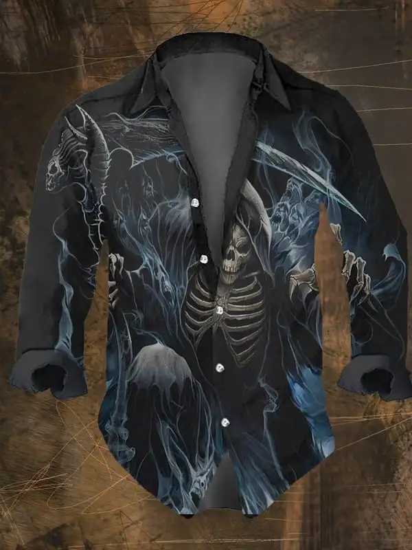 Mens Vintage Dark Skull Prints Long Sleeve Shirt-Halloween Skull Prints Black Tops Regular FitLapel Collar Polyester Blend K251110