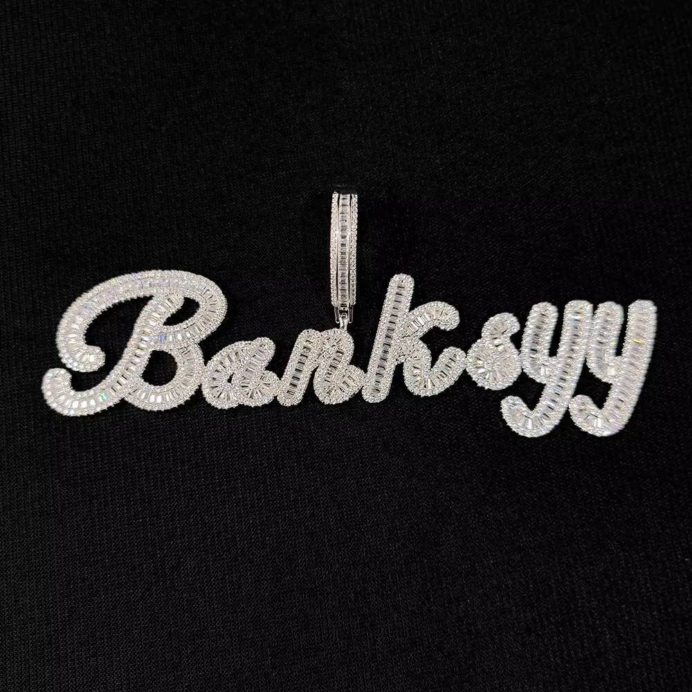 Personalized Custom Baguette Initial Letter Pendant Bling Moissanite White Gold Capital Alphabet Name Necklace