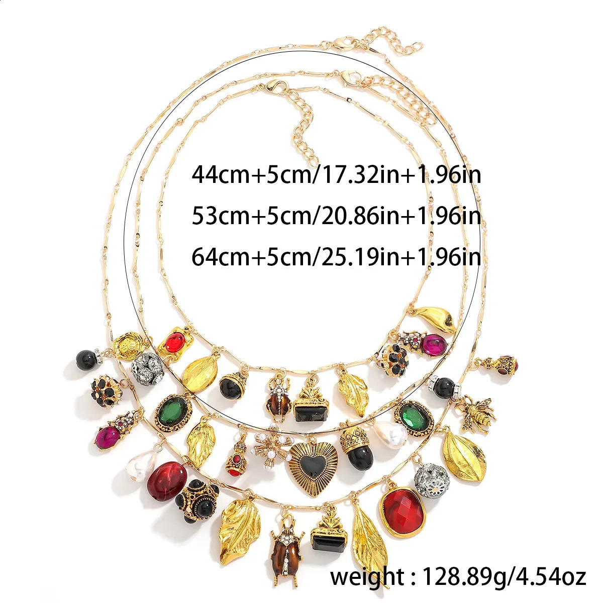 Multi layered female retro insect leaf heart-shaped flower geometric pendant necklace 250409