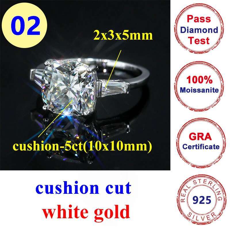 5CT Full Moissanite Diamond D Color VVS Cushion Cut Womens Ring S925 Sliver Plated White Gold Wedding Fine Rings for Women