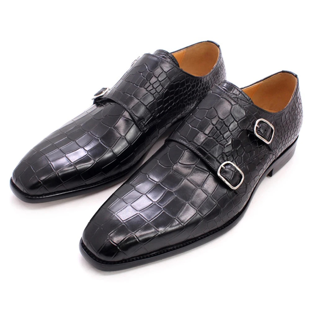 Mens Classic Elegant Black Leather Monk Shoes with Buckle Pattern for Office Wedding and Party Dress 251106