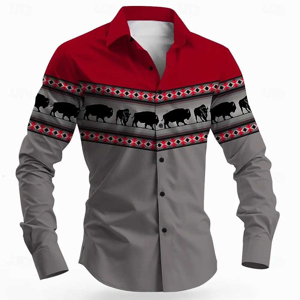 Vintage Mens Long Sleeve Shirt Aztec Bull Ethnic Shirt Button Up Shirt Streetwear Casual Comfort Polyester Slim Fit Shirts K251110