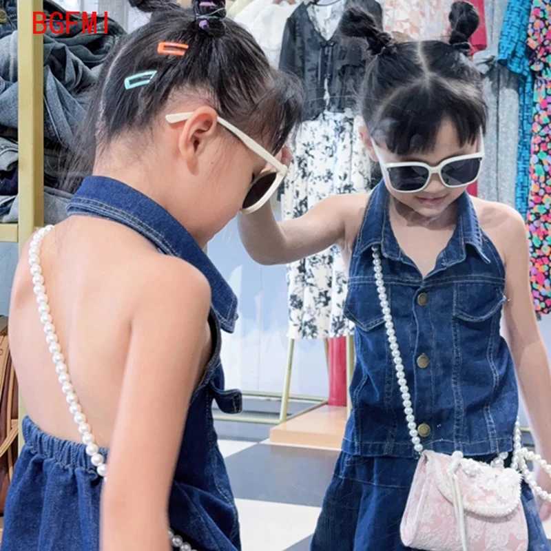 2-11Y Girl Summer Clothing Cute Denim Set New Sleeveless Top Fashion Ruffle Edge Childrens Girls Shorts 2-piece SetXJ250410