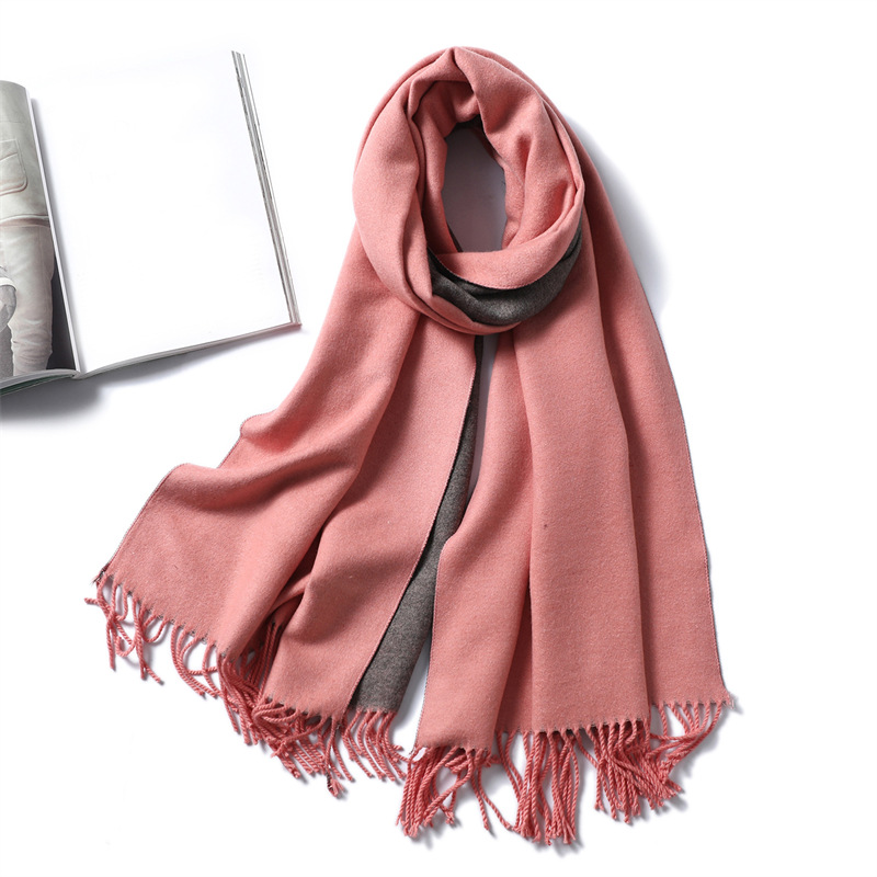 K360 Simple solid color imitation cashmere scarf for men and women winter thick warm double-sided two-color versatile tassel shawl core-spun yarn