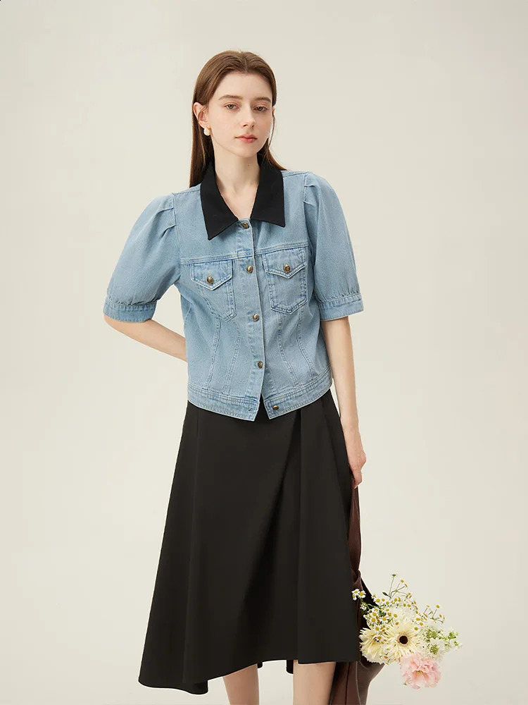 FSLE Contrastive Color Polo Neck Denim Shirt Summer Half Sleeve Puff 100 Cotton Single Chest 24FS12237 250411e