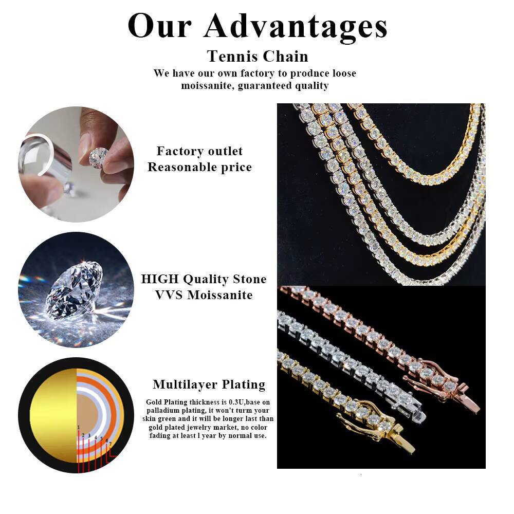Pass Diamond Tester RTS Hip Hop Jewelry Charms Iced Out 20mm-65mm Lab Diamond 925 Silver VVS Moissanite Tennis Chain Necklaces