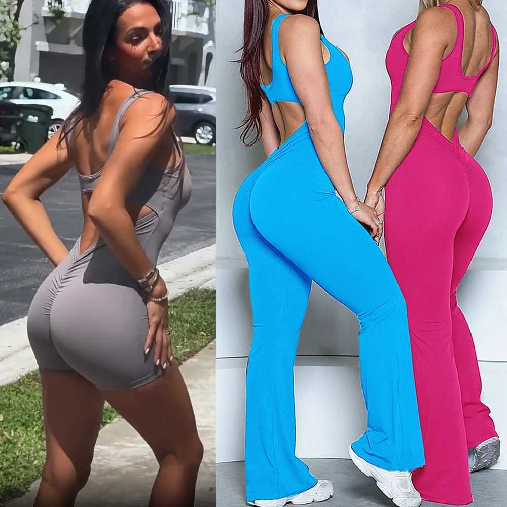 XS-XL new mat womens gym yoga set sports jumpsuit sexy back fitness pants flash leg one-piece jumpsuitW250411