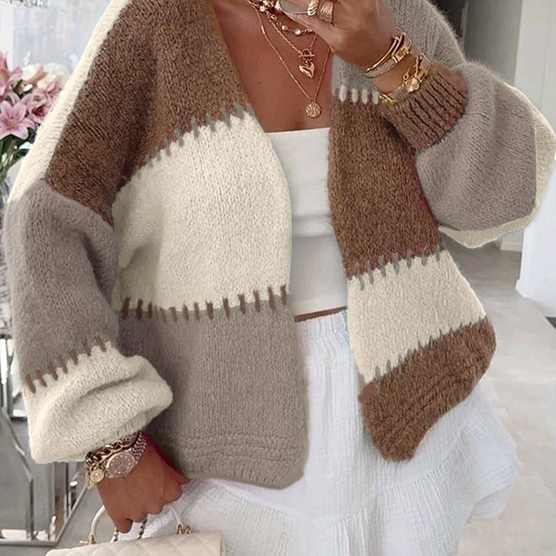 Women's color-block top V-neck long-sleeved sweater patchwork color blocks popular in autumn and winter versatile for all occasions-----TVL102