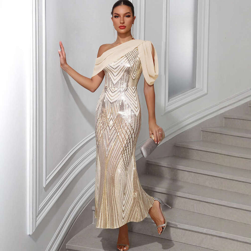 Women's Fashion SEXY DRESSES FOR WOMEN One-Shoulder Chiffon Patchwork Sequin Night club maxi dress Gown