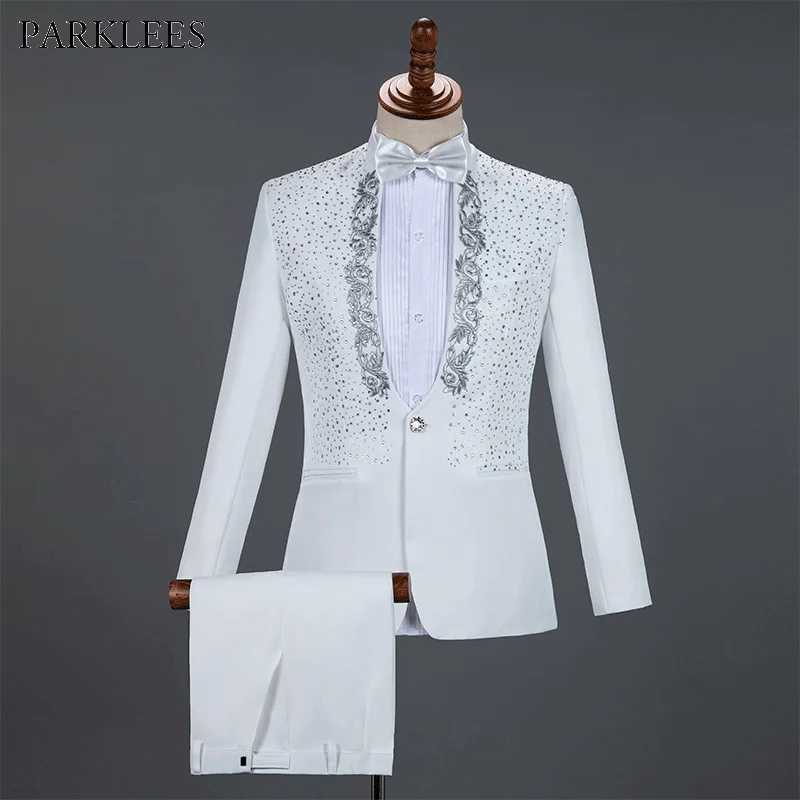 White sparkling crystal embroidered mens suit with pants wedding grooms evening gown mens standing collar stage costume mens wedding dress W250410