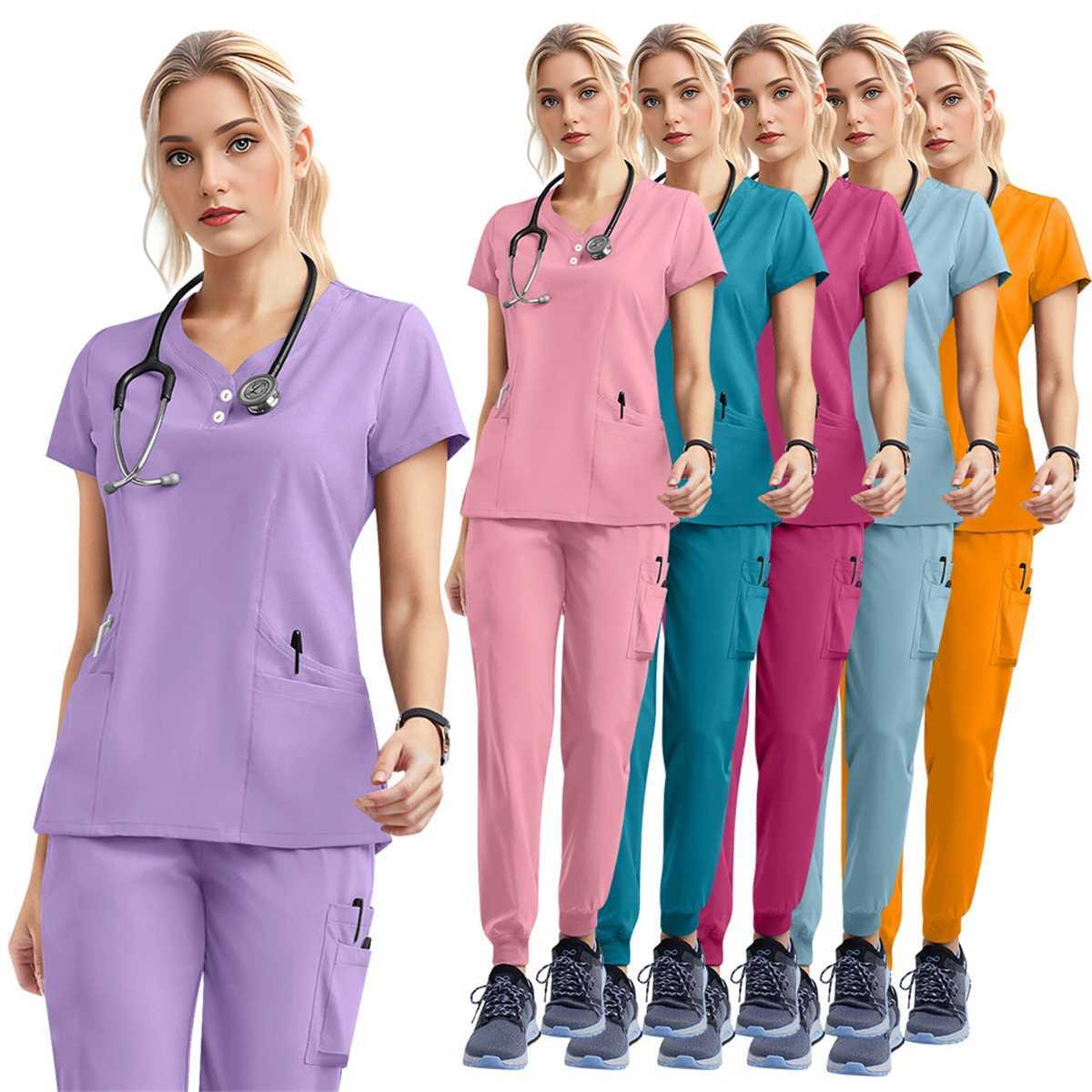Womens and Mens Medical Uniform Scrubber Set Short Sleeve Top Elastic Waist Pocket Pants Set Beauty SPA Pet Clinic Nurse Work Clothes X250410