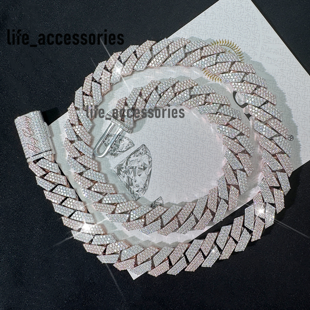 Custom Moissanite Cuban Link Chain 20mm 925 Sterling Silver Two Tones 4 Rows Hiphop Moissanite Cuban Chain