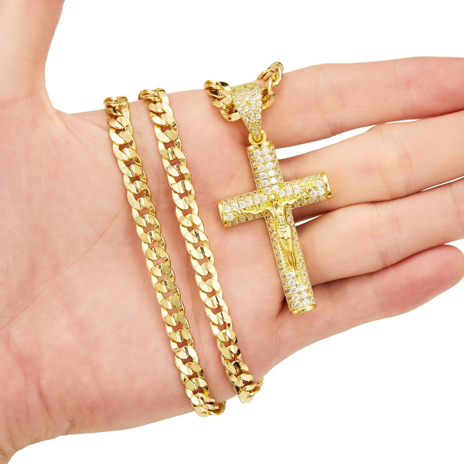 14K Gold-Plated Cross Necklace for Men Advanced Nanotech Tarnish-Free Cuban Figaro Rope Miami Chains with Jesus Crucifix Pendant 251110