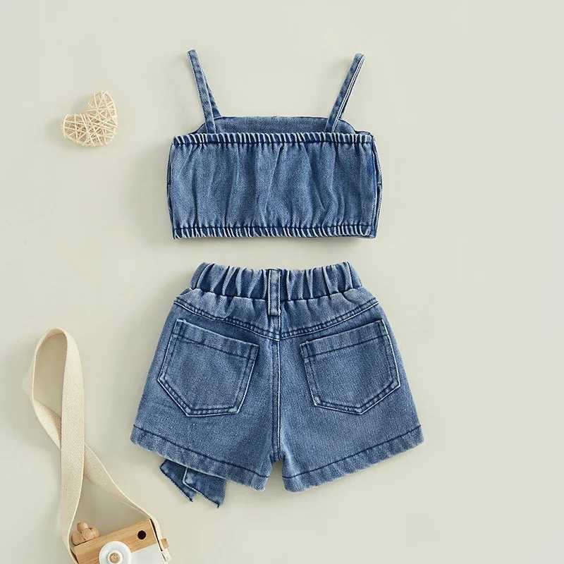 1-5 year girls shorts set retro denim vest with bow shorts summer 2-piece setXJ250410