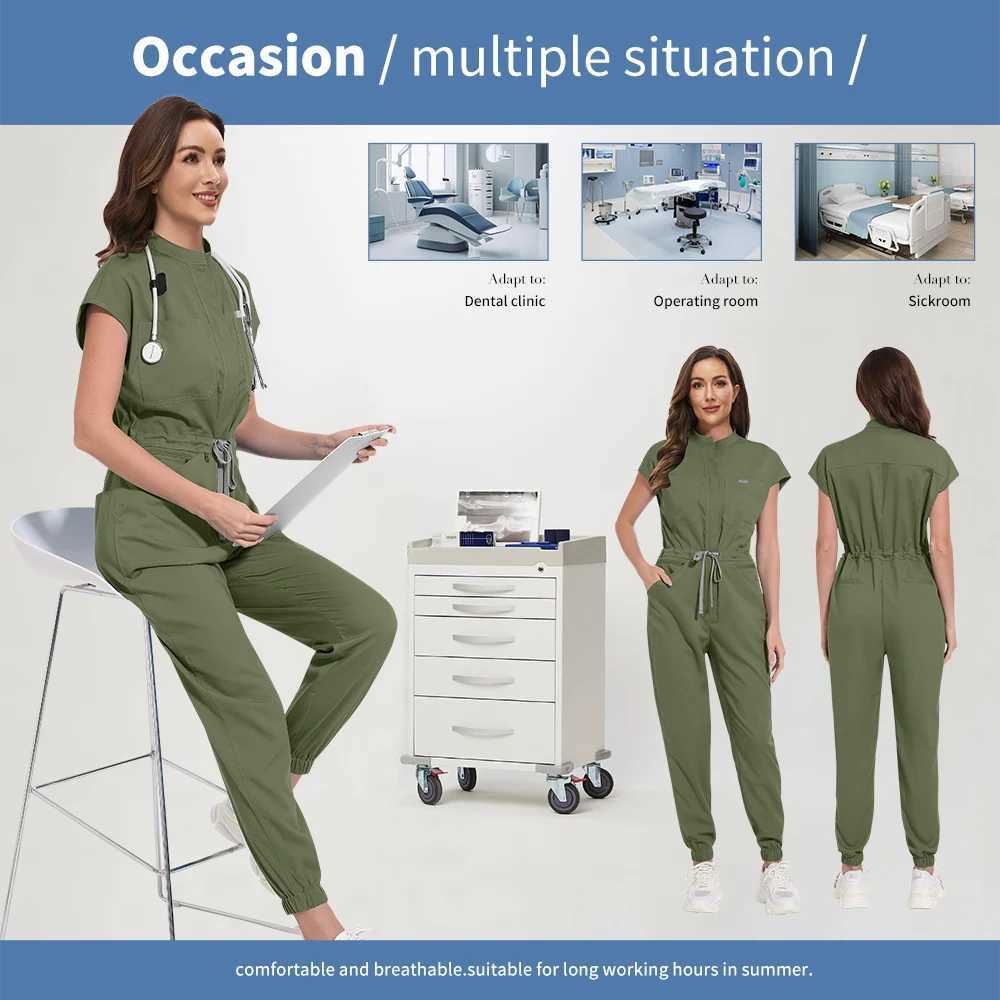 Niaahinn Zipper Neck Lab Jumpsuit Pet Grooming Nurse Uniform Onesie Short Slved Scrubs Workwear Health Service Nursing Clothes X2505281