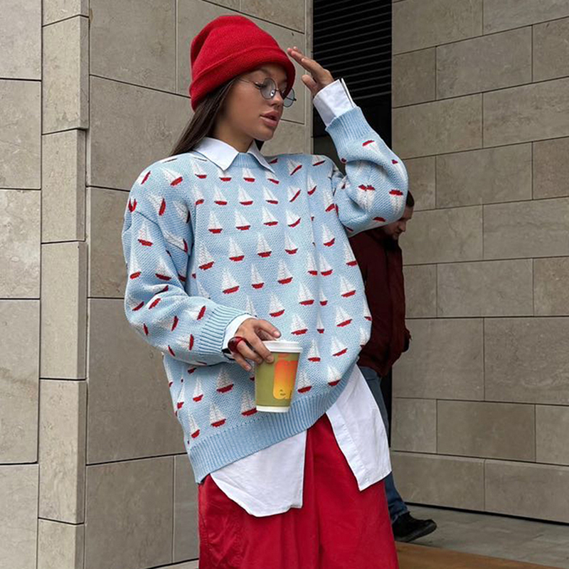 Women's color clashing pullover sweater fall and winter casual style, street style sweater, fashionable and versatile hot women's clothing, 