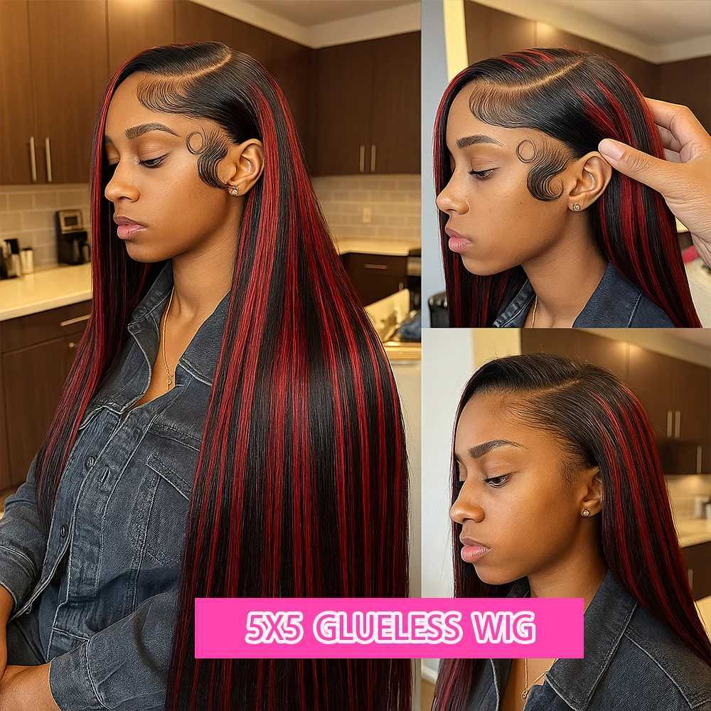 No Silk 1B/99J Highlight Straight 5x5 Glueless Wig Human Hair Vietnamese PrePlucked Ombre Red With Black Colored Lace Front WigsT251111