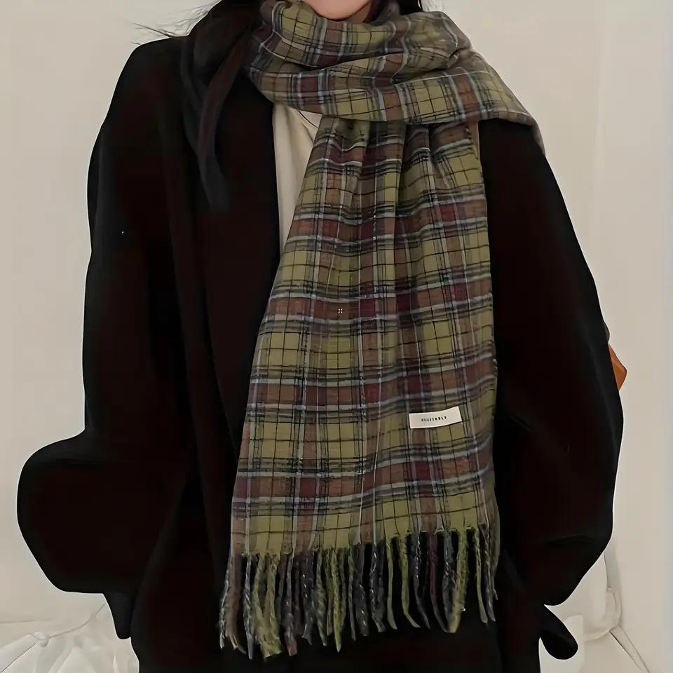 Cozy Winter Scarves for Women Vintage Green Plaid Wrap with Elegant Tassel Soft Thickened Fashion Shawl 251030