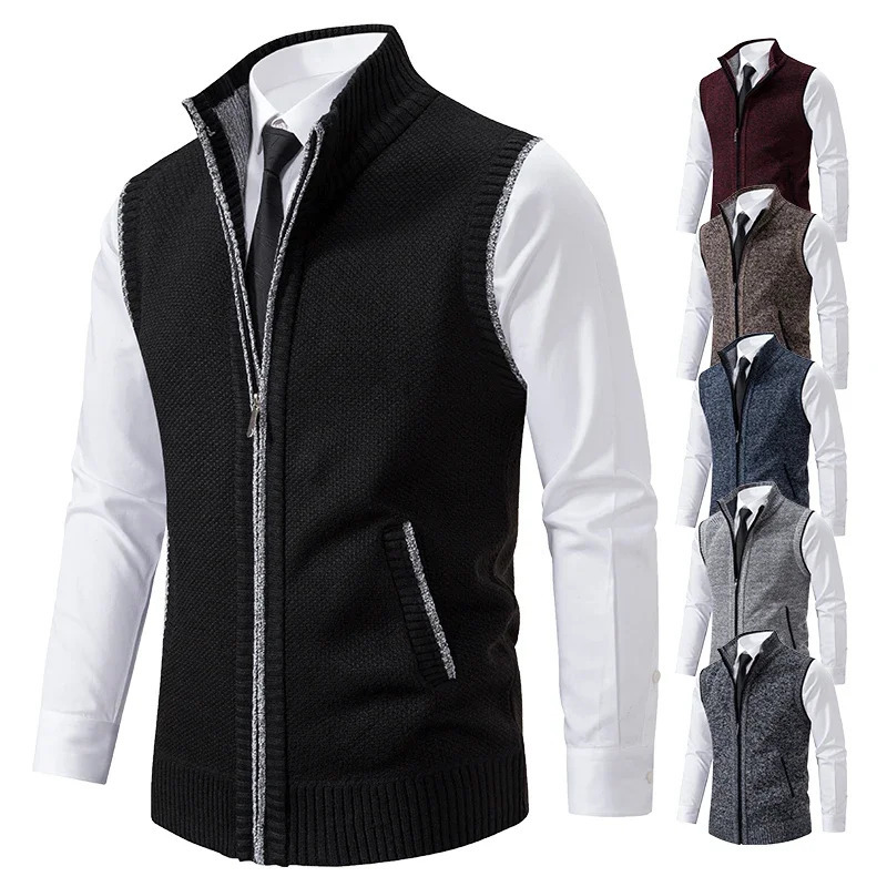 Autumn Winter Knit Vests Men Stand Collar Solid Color Knitted Sleeveless Sweatercoat Man Zipper Vest Cardigan Knitting Waistcoat 251104