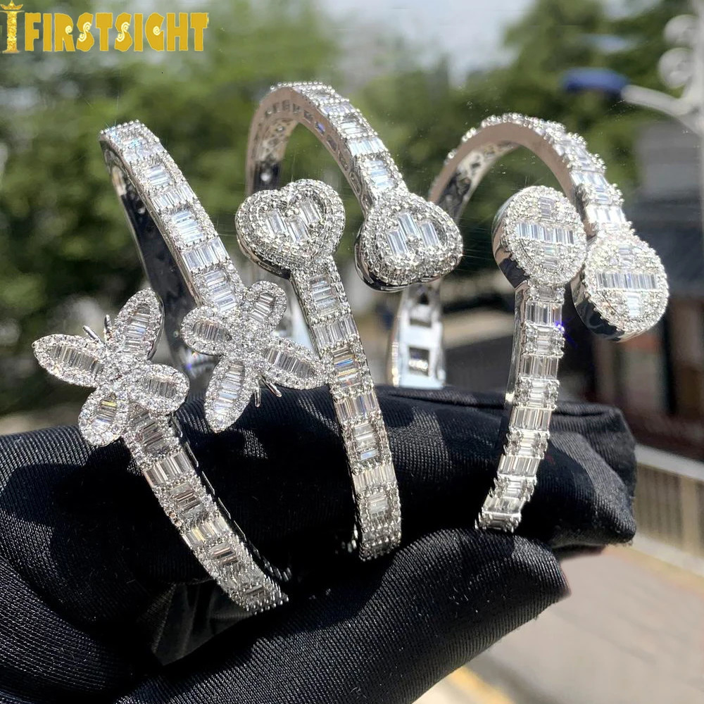 Iced Out Bling Butterfly Heart Bracelet Silver Color CZ Zircon Oval Charm Opened Bangle For Men Women Hiphop Jewelry 251110