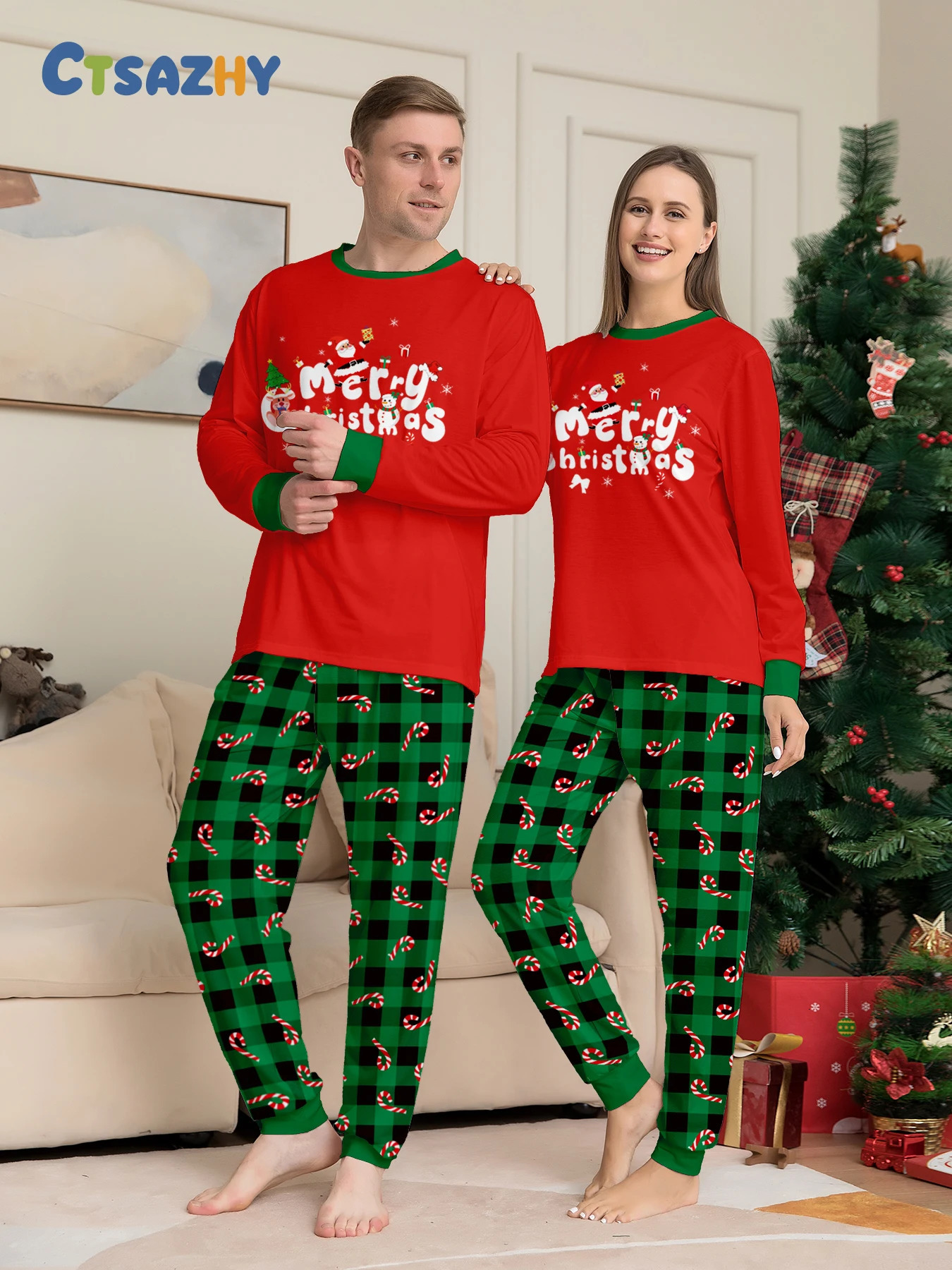 Merry Christmas Couple Matching Pajamas Candy Cane Green Black Plaid Long Sleeve Sleepwear 251106