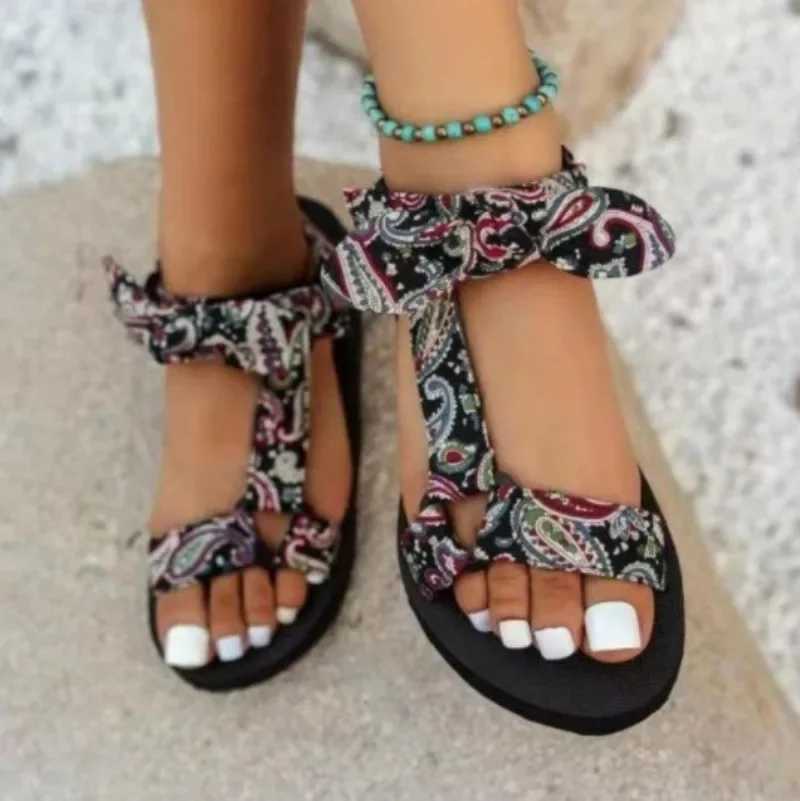 New style large-sized e-line buckle womens sandals new spy sole with open sole fabric bow shoes for women Zapatos De MujerXJ250410
