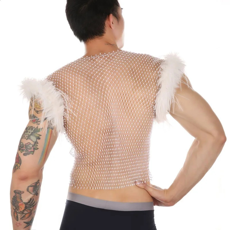 Sheer Fishing Net Vest Men Sexy Feather Sleeveless Top Shiny Hollow Out Rhinestone Mesh Tank Tops Gay Sissy Night Club Costume 250411