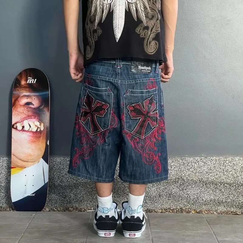 Gothic Punk Cross Graphic Print Design Denim Short For Men 2024 New Fashion Comfortable Versatile Casual Jorts Shorts Y2k