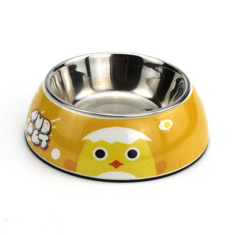 H1378 Wholesale pet tableware, stainless steel double bowls, non-slip food bowls, cartoon printed dog and cat bowls, logo customization available.