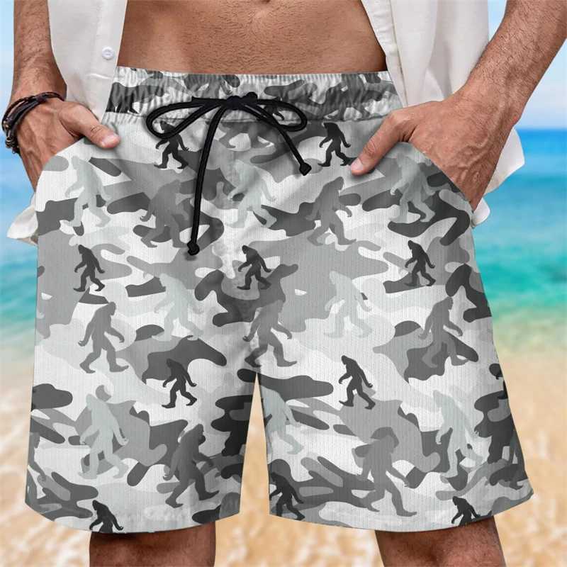 Camouflage Bigfoot Graphic Beach Shorts for Men Fashionable Retro 3D Printed Childrens Shorts Casual Street Clothing Oversized Swimming PantsW250410