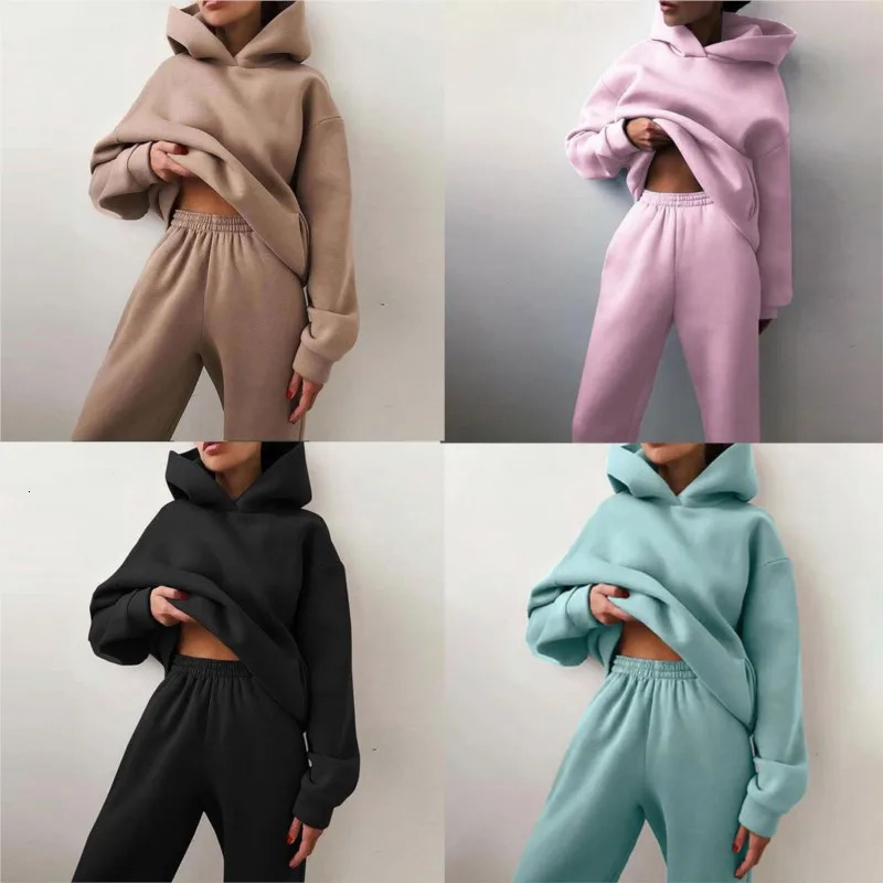 Womens Sportswear Casual Solid Color Long Sleeve Hooded Sports Suit Fall Warm Hoodie Sweatshirt And Pants Fleece Two-Piece Set 251105