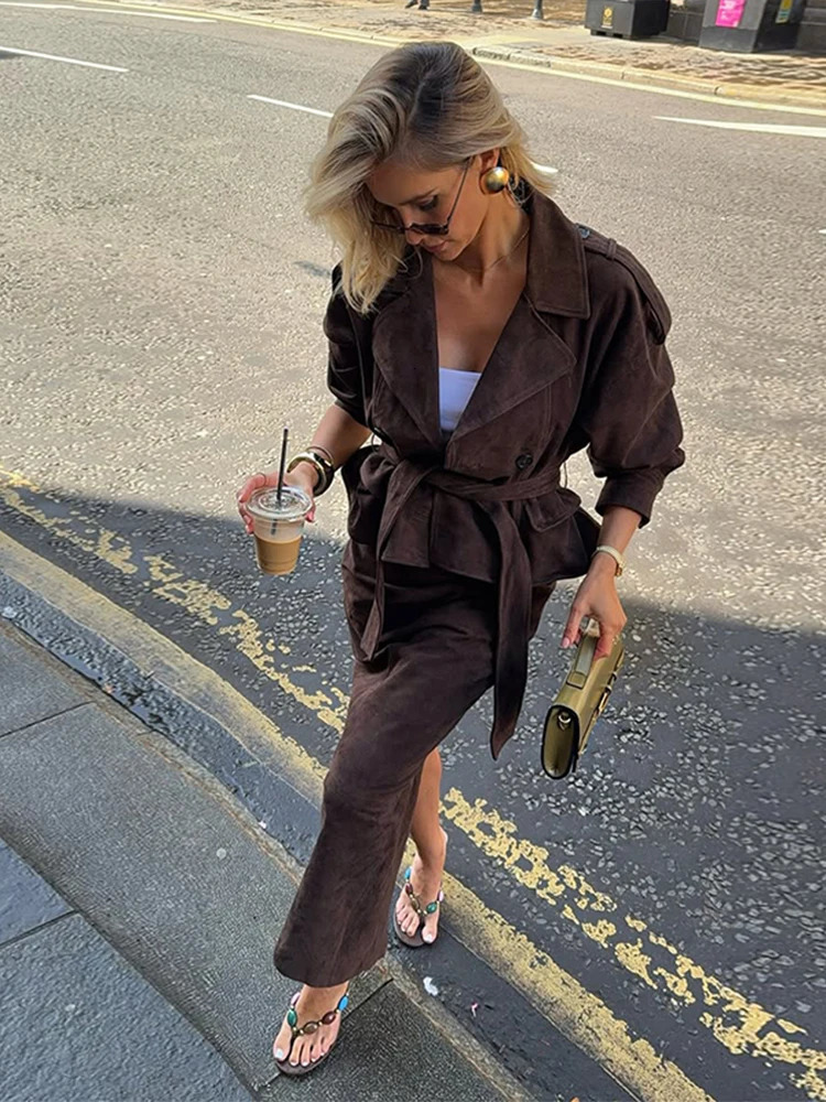 Vintage Lace Up Brown Suede Jacket Women Belt Loose Lapel Single Breasted Full Sleeve Jacket Autumn Lady Street Outwear 251106