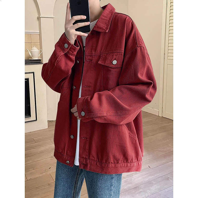 Steel Red Mens Jeans Jacket with Collar and Multiple Pockets Denim Coat Loose Casual 250401