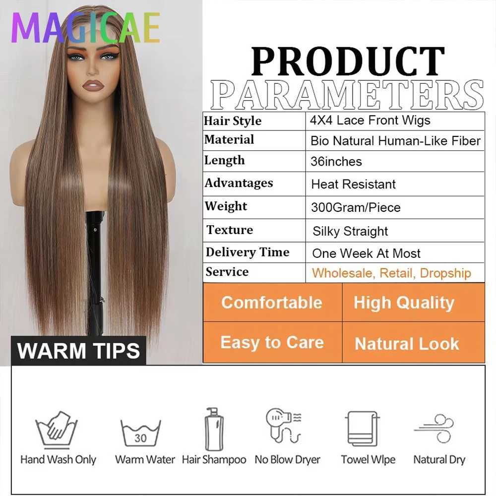 Magicae 330Grams 36Inch 4x4 Lace Front Wigs Chestnut Brown Wigs Ombre Highlight Straight Blond P27/613 High Temperature CosplayT251111