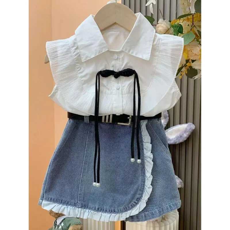 Girl Princess Sleeve Set 2024 Summer New Girl Flight Sleeve+Cowboy Lace Dress 2PCS Childrens Clothing SetXJ250410