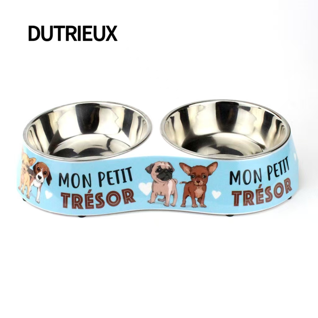 H1397 Wholesale pet bowl sets, stainless steel dog and cat bowls (pair), non-slip base with cartoon print, food and water bowl combination.