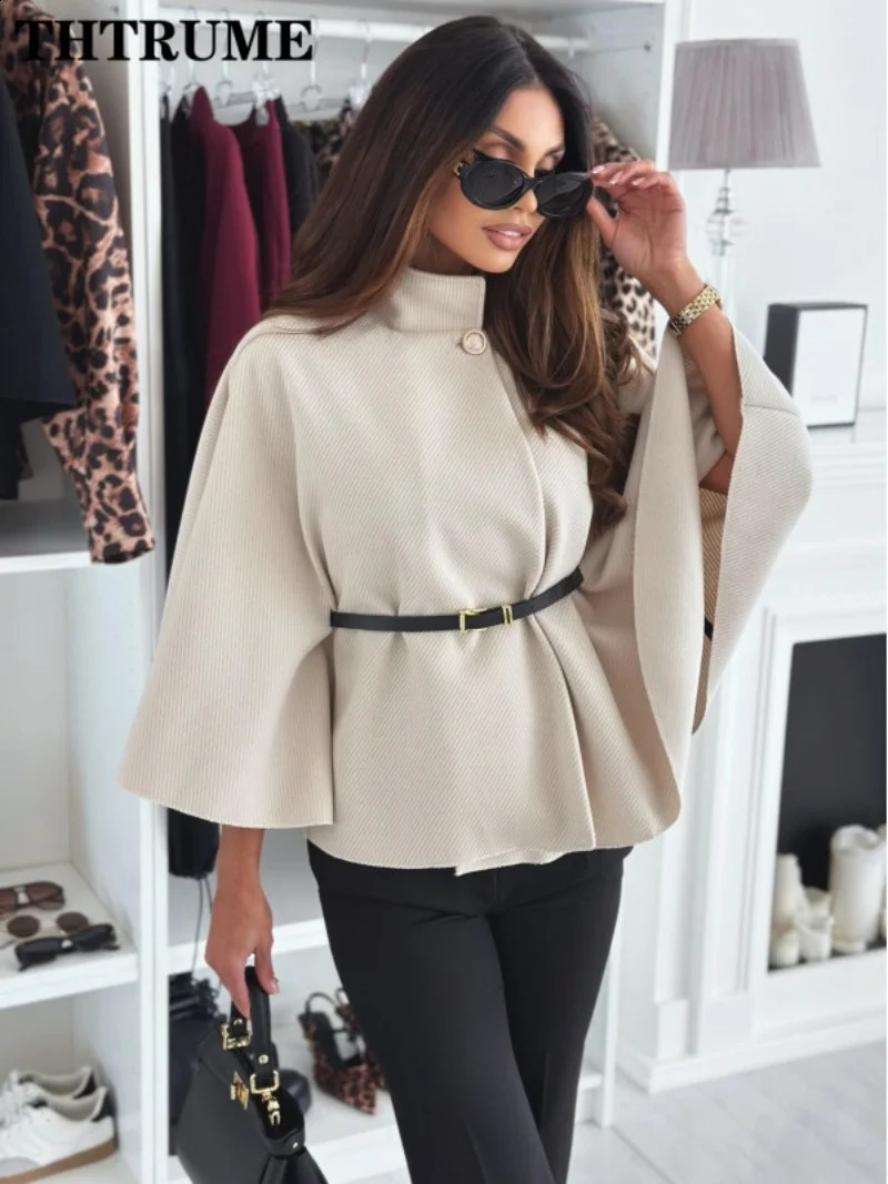Elegant autumn solid jacket fashionable womens single chest batwing sleeve thick casual loose office chic 250407