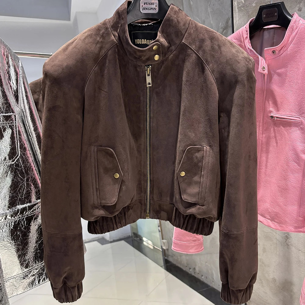 YOLOAgain Oversized Suede Leather Cropped Jacket Coat Women Drop-shoulder Dark Brown Genuine Leather Jacket Coat Autumn 251106