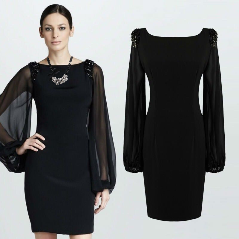 Quick Buy Autumn New Large Women's Chiffon Long Sleeve Shoulder Beaded Dress