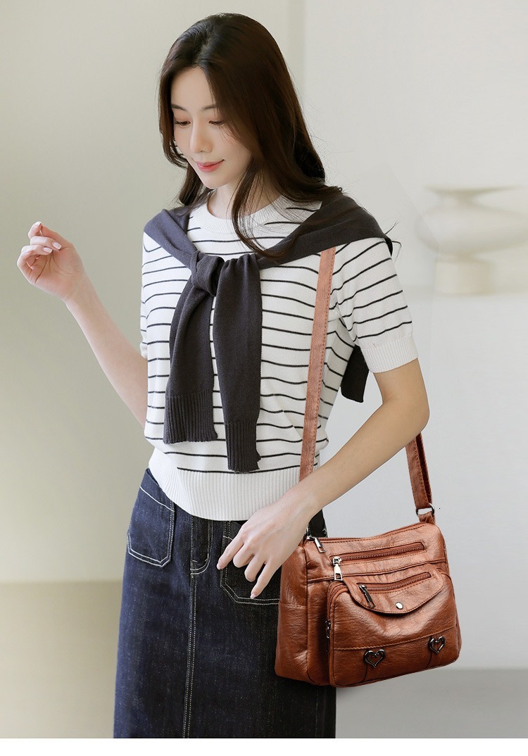 FL- Retro Multi Pockets Crossbody Bag, Soft Faux Leather Shoulder Bag, Heart Decor Purse For Women