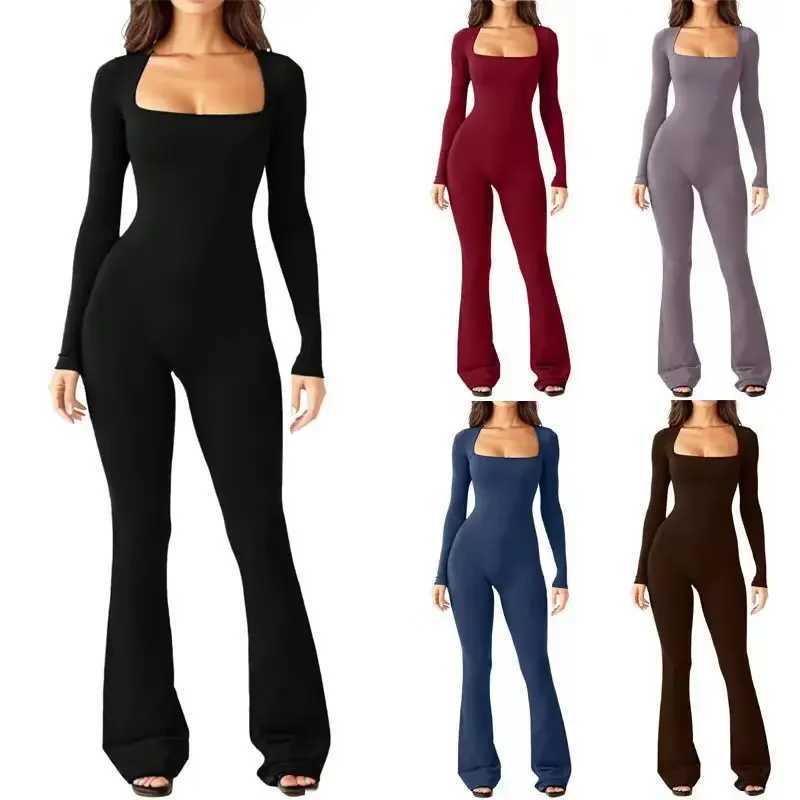 Womens yoga set with long sleeves belly tie waist and hip lifting square neck wide legs high elasticity jumpsuitW250411