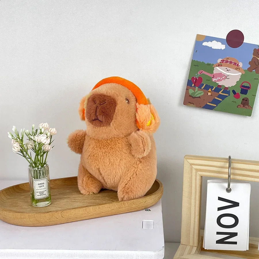 Cute capybara with headphones kids toy head cover cappibala doll keychain pendant soft stuffed animal doll couple keychain gift 250407