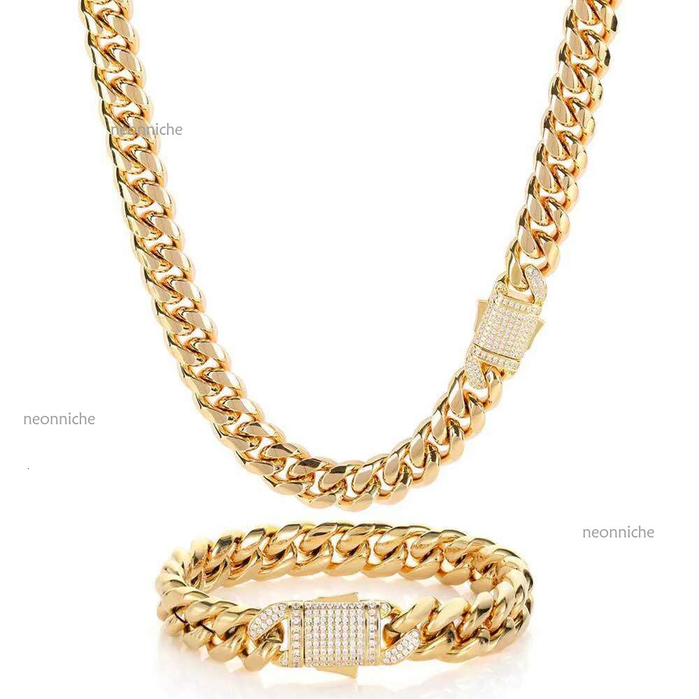piece/sets 2 Hip Hop Miami Titanium Steel Mens Necklace Bracelet Set with Zircon Spring Buckle Cuban k Gold Chain Popular Jewelry chains Necklaces