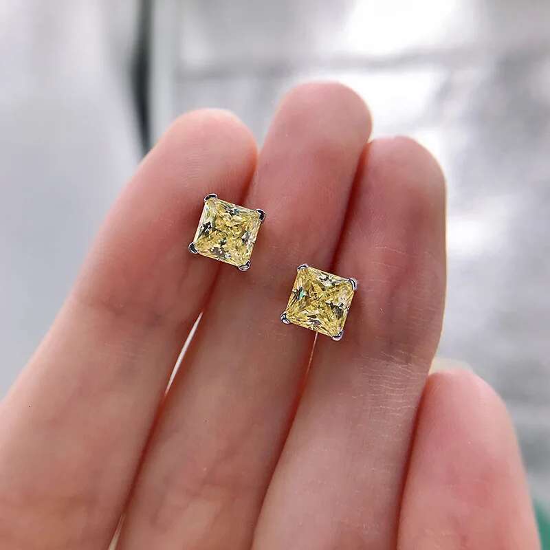 Gorgeous Simple Fine Jewelry Genuine 100% S925 Sterling Silver Princess Cut Yellow Lab Moissanite Diamond Women Stud Earring