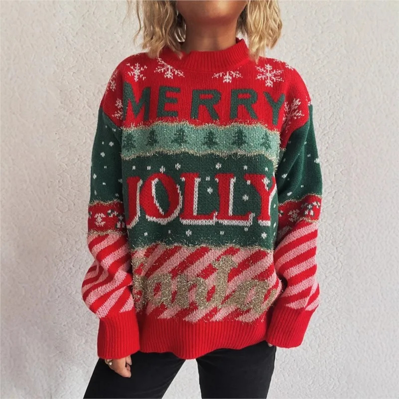 Christmas Jacquard Knitted Round Neck Casual Loose Sweater Hoodie Fashion Print Long Sleeves Pullovers Winter Clothes Woman 251106