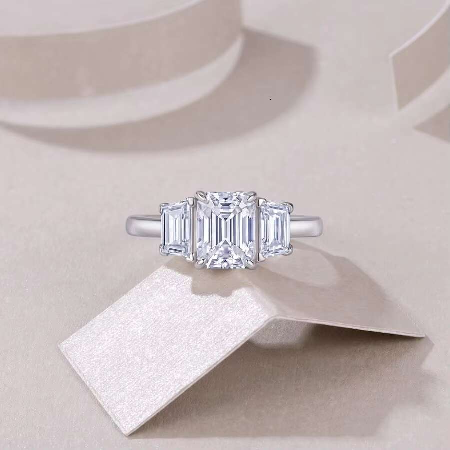 3CTW Moissanite Ring 3 Stone Emerald Cut 18K Gold Plated 925 Sterling Silver Elegant Classic Engagement Gift with Certificate