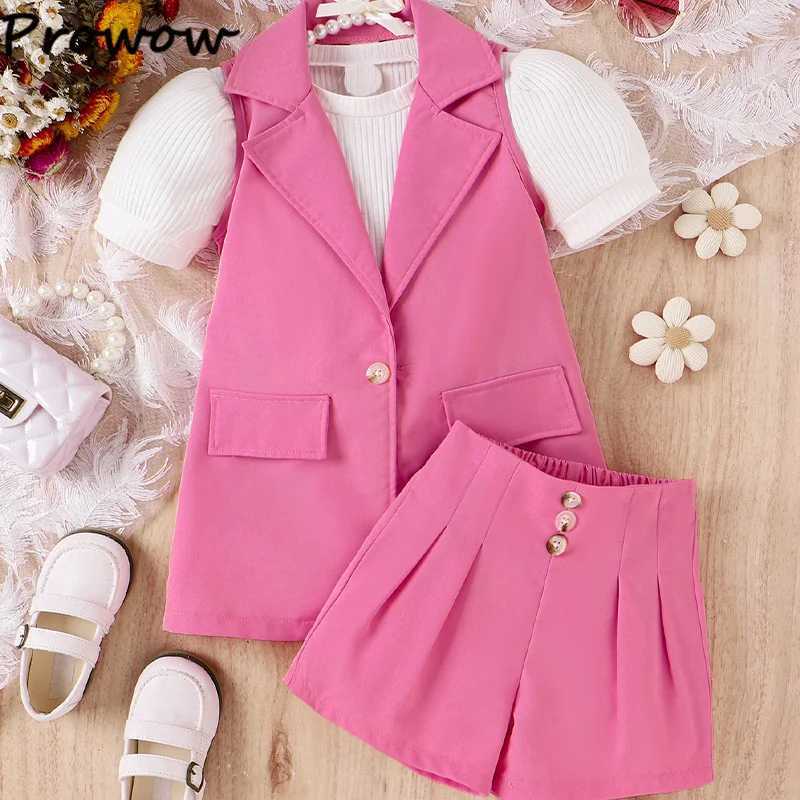 Professional summer womens collar jacket+fluffy sleeve T-shirt+high waisted shorts childrens clothing girl luxury setXJ250410