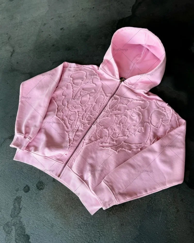 Retro cleanfit Embroidery Extra Large Washed Zippered Hoodie for Men and Women Y2K Harajuku Hip-hop Gothic Casual Joker Coat 251105