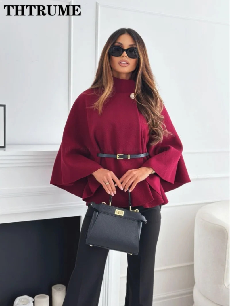 Elegant autumn solid jacket fashionable womens single chest batwing sleeve thick casual loose office chic 250407