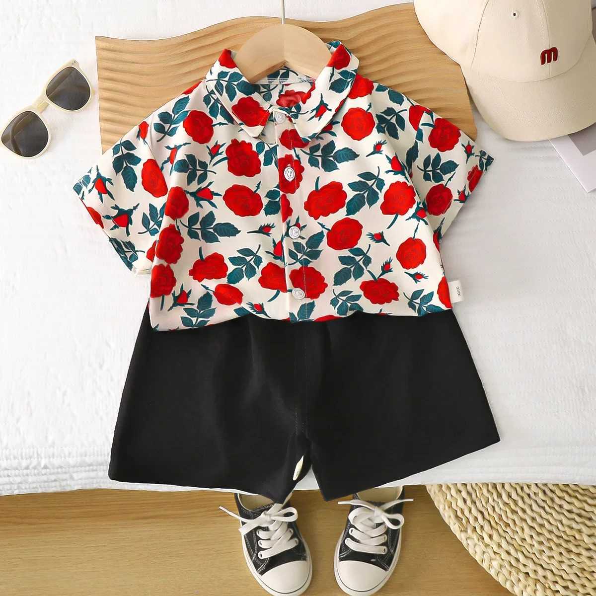 Childrens clothing set with collar and short sleeved shirt+2-piece short sleeved boys clothing set childrens clothing setXJ250410